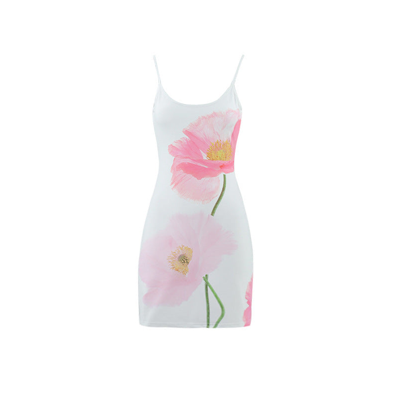Robe à imprimé floral et col en U pour femme, dos nu, bretelles spaghetti