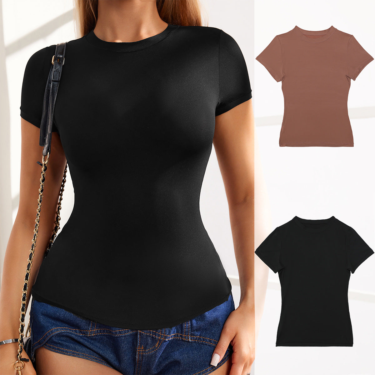 Camiseta básica informal elástica de manga corta para mujer - Poliéster y elastano cómodos