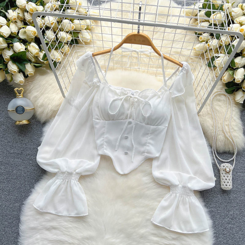 Blusa de gasa ajustada de manga larga con hombros descubiertos para mujer