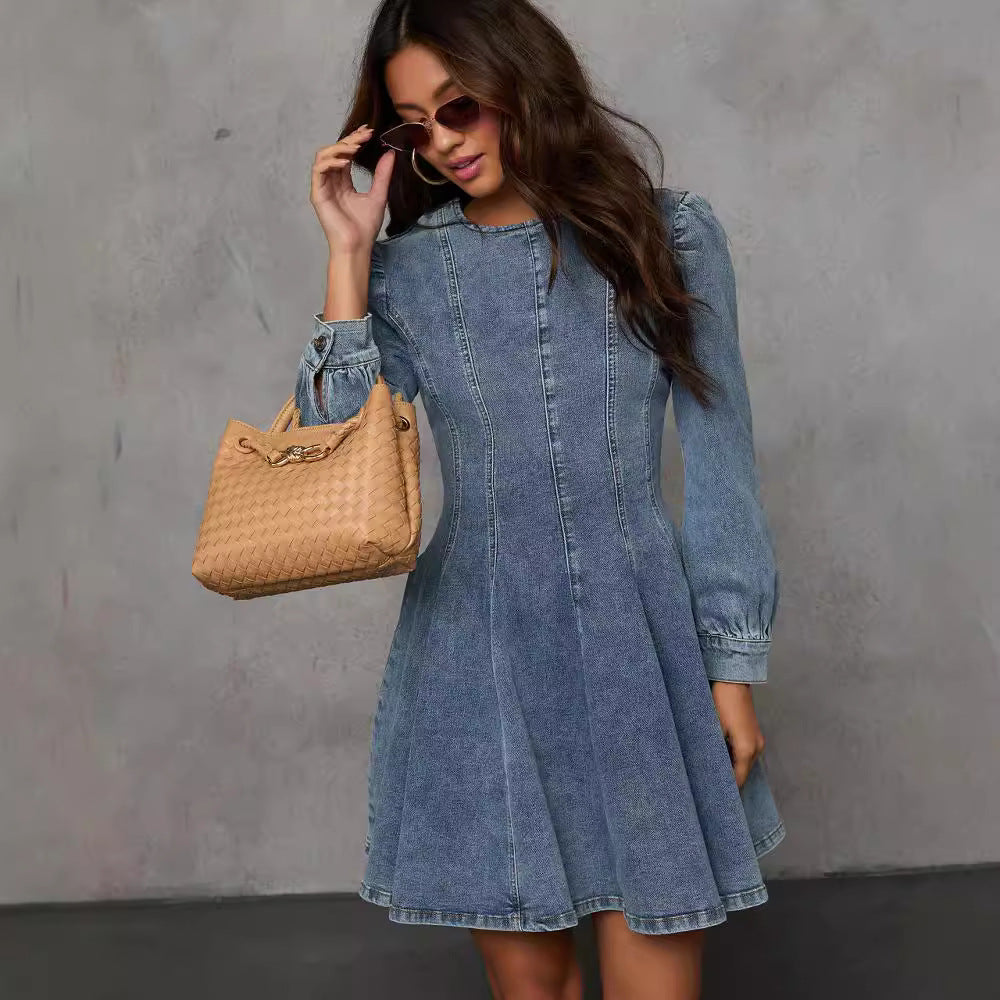 Vestido vaquero elegante de manga larga con cuello redondo para mujer