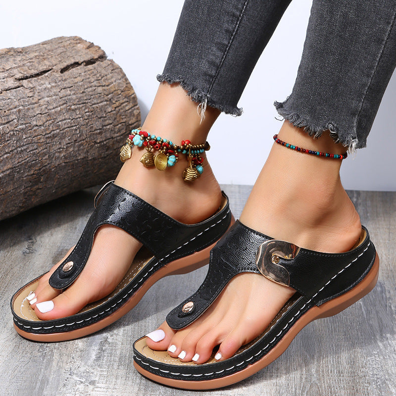 Women Fashion Casual Solid Color Wedge Slippers with Buckle