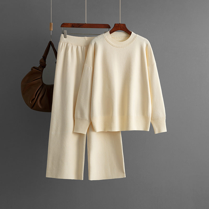 Women Casual Solid Color Knitted Sweater and Pants Set