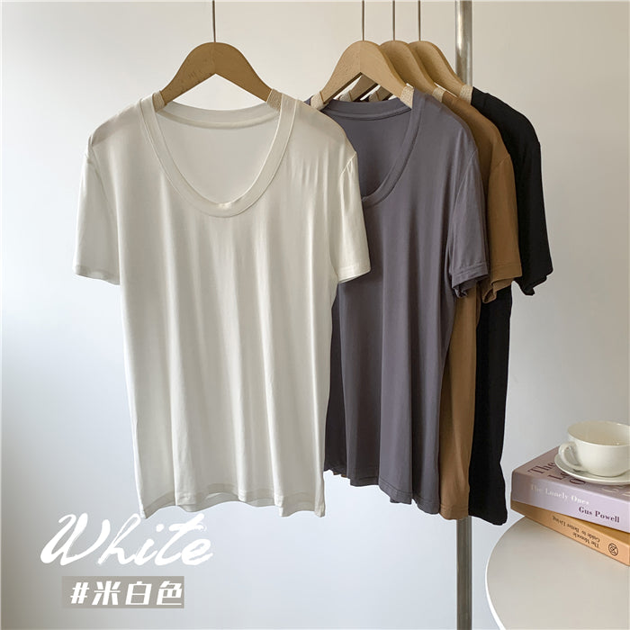 Summer Women Casual Solid Color U-Neck Blank T-Shirt