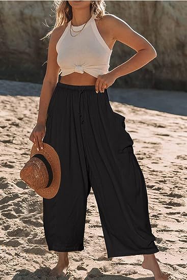 Casual Women Elastic Waist Pleated Wide Leg Pants