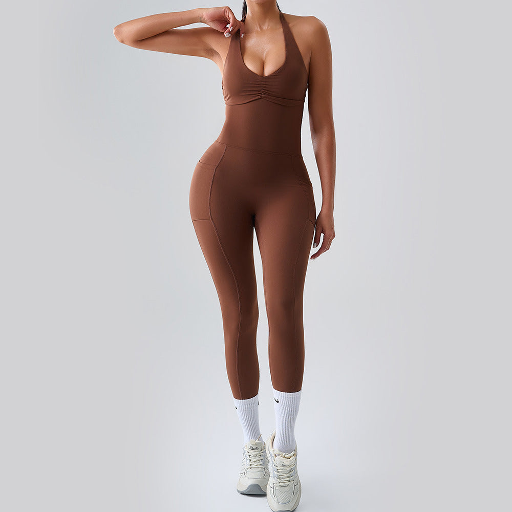 Women Fashion Sexy Solid Color Halter Neck Yoga Jumpsuit