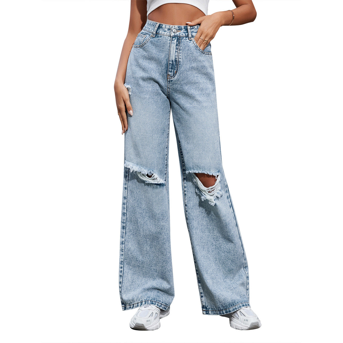 Pantalones vaqueros rasgados de pierna ancha y cintura alta informales para mujer