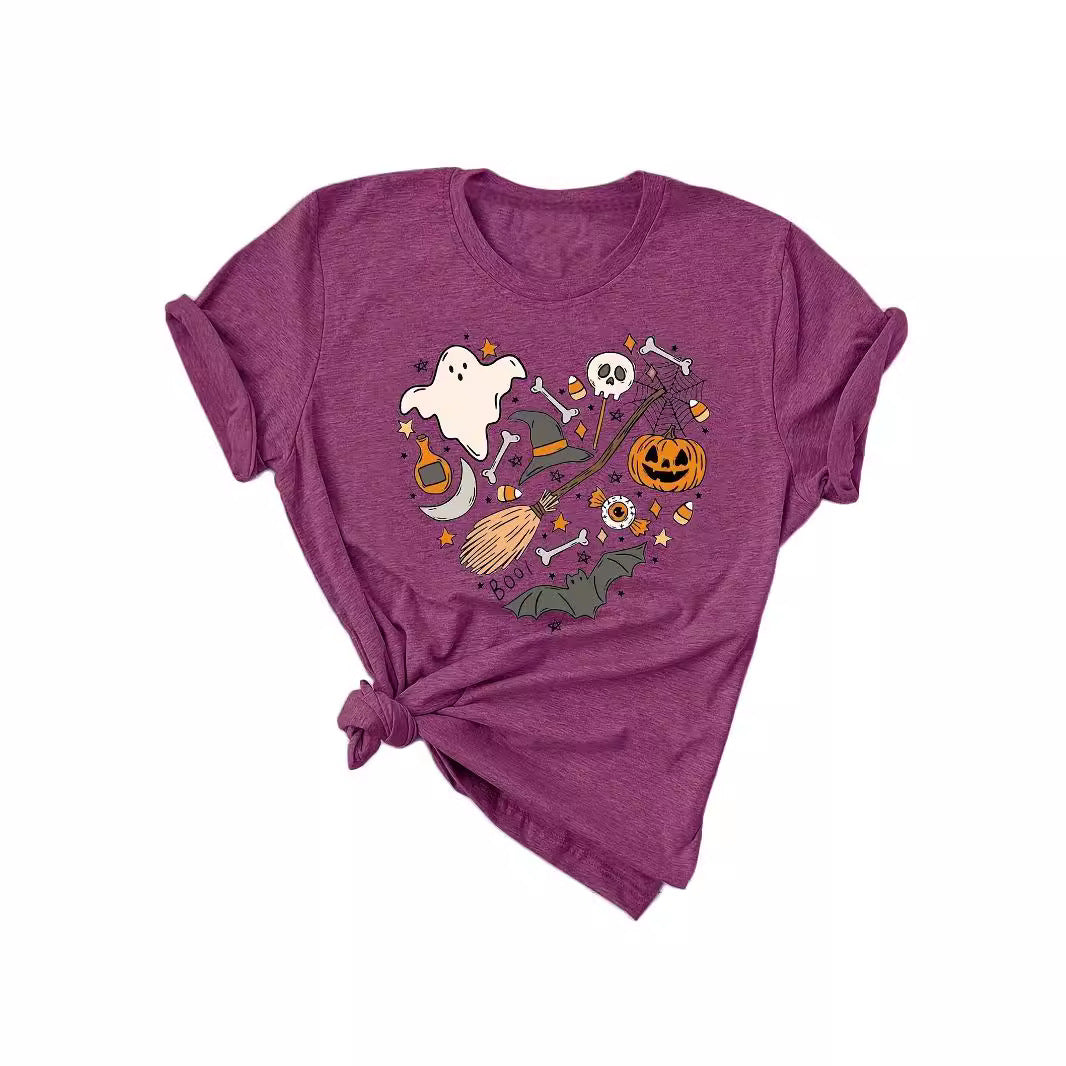 T-shirt col rond en coton imprimé Halloween pour femme
