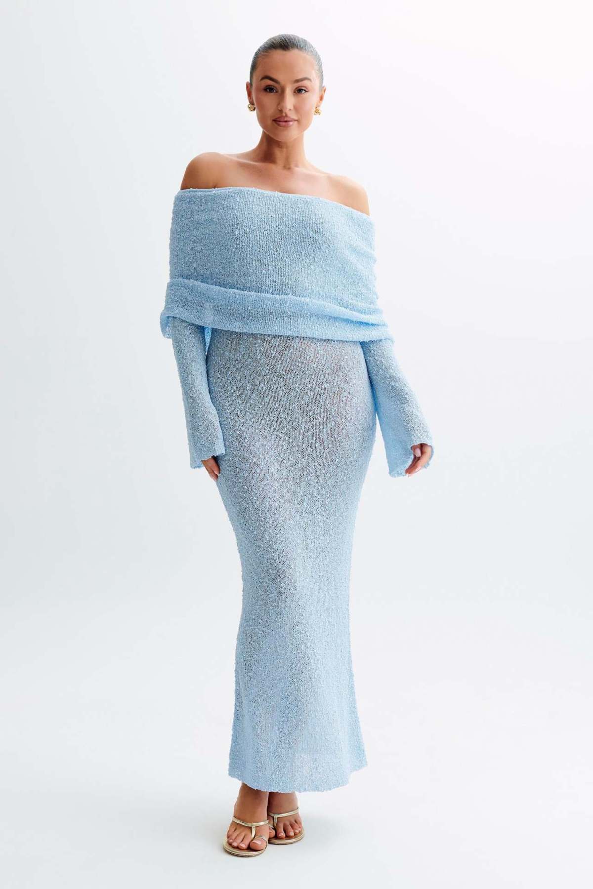 Vestido playero liso de manga larga con cuello redondo para mujer