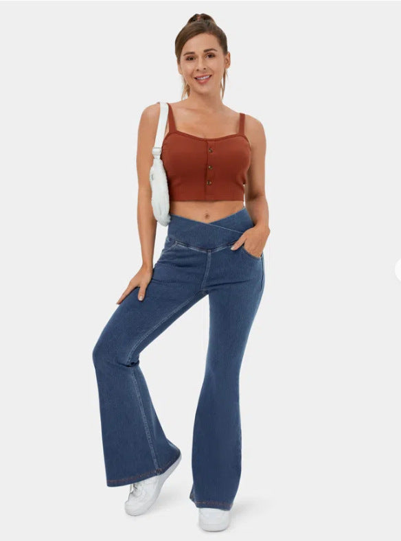 Women Fashion Casual Solid Color High Waist Jeans