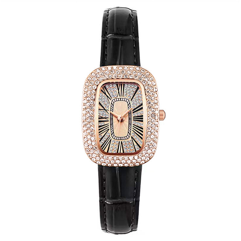 Women Casual Rectangular Rhinestone Watch with Leather Strap