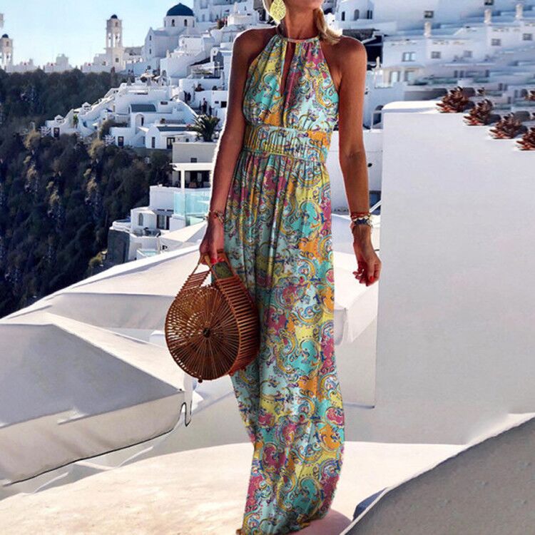 Women Summer Vacation Casual Boho Floral Print Halter Neck Maxi Dress