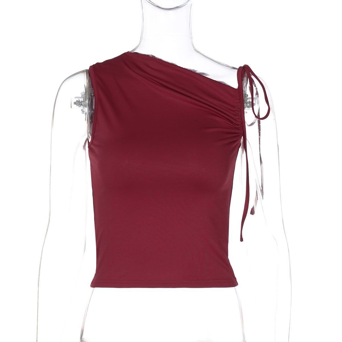 Top corto plisado sexy de color sólido con cuello oblicuo para mujer