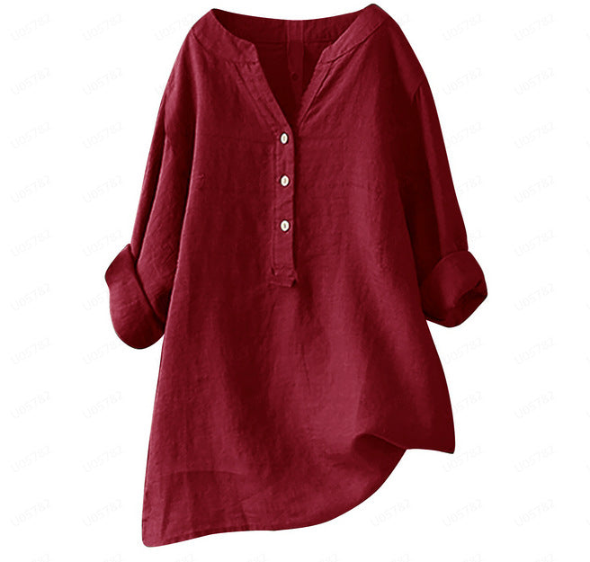 Blusas casuales holgadas de lino y algodón de color liso para mujer