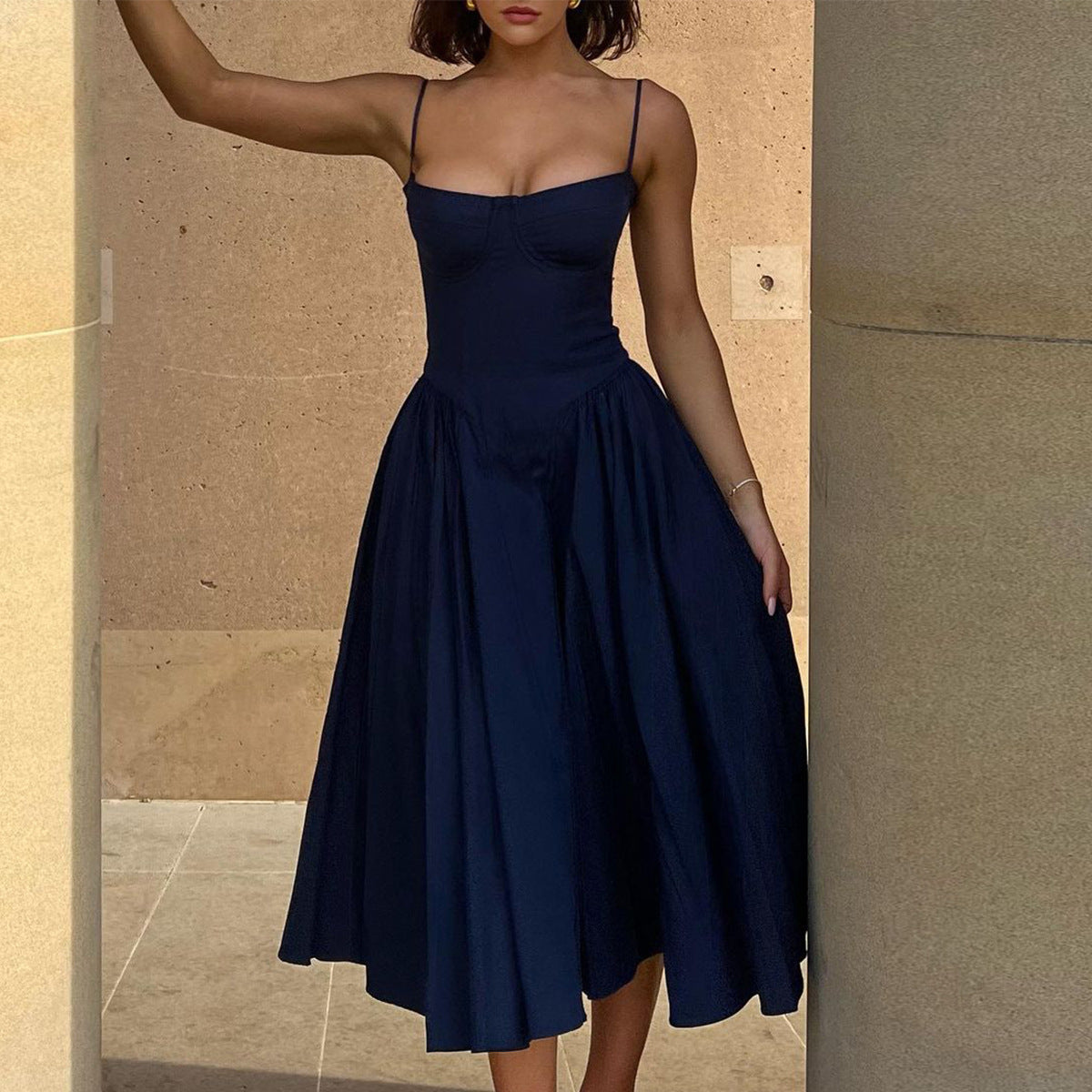 Women V-Neck Spaghetti Strap Backless Dress Solid Color Short Skirt