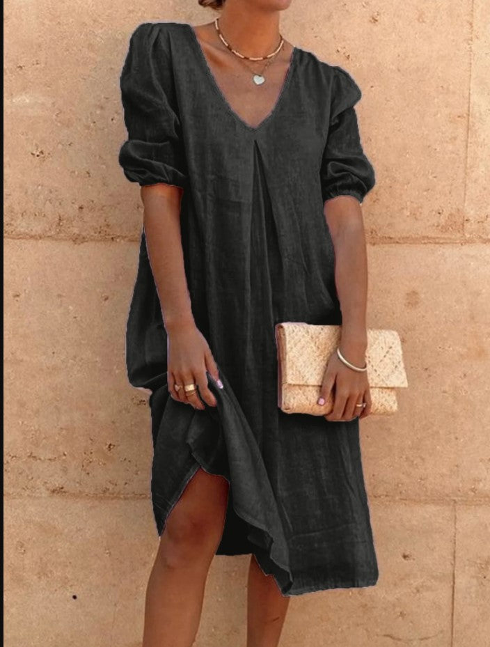 Women Fashion Casual Solid Color Cotton Linen V-Neck Dress