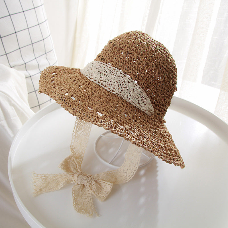 Chapeau de protection solaire en paille tissée à lanières en dentelle pour femme