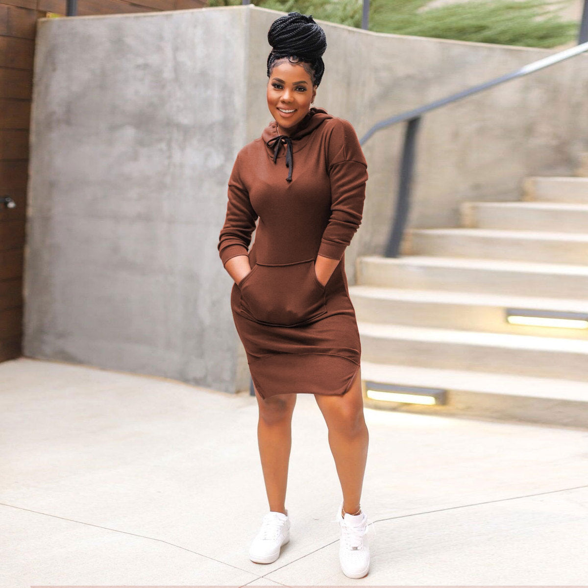 Women Fashion Solid Color Hooded Long Sleeve Dress