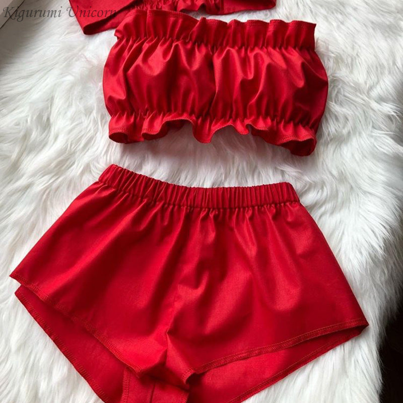 Women Sexy Solid Color Tube Top Satin Pajamas Two-Piece Set