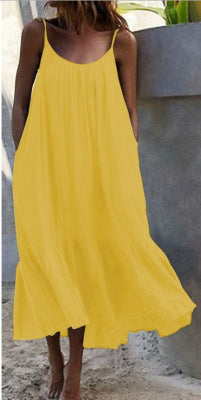 Vestido lencero holgado con volantes de color liso, estilo bohemio e informal para mujer