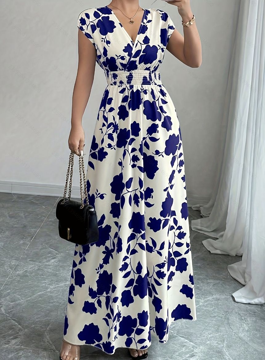 Women Fashion Elegant Floral Printed V-Neck Dress