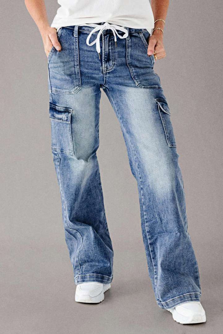 Women Fashion Casual Cargo Jeans with Pockets and Lace-Up Detail