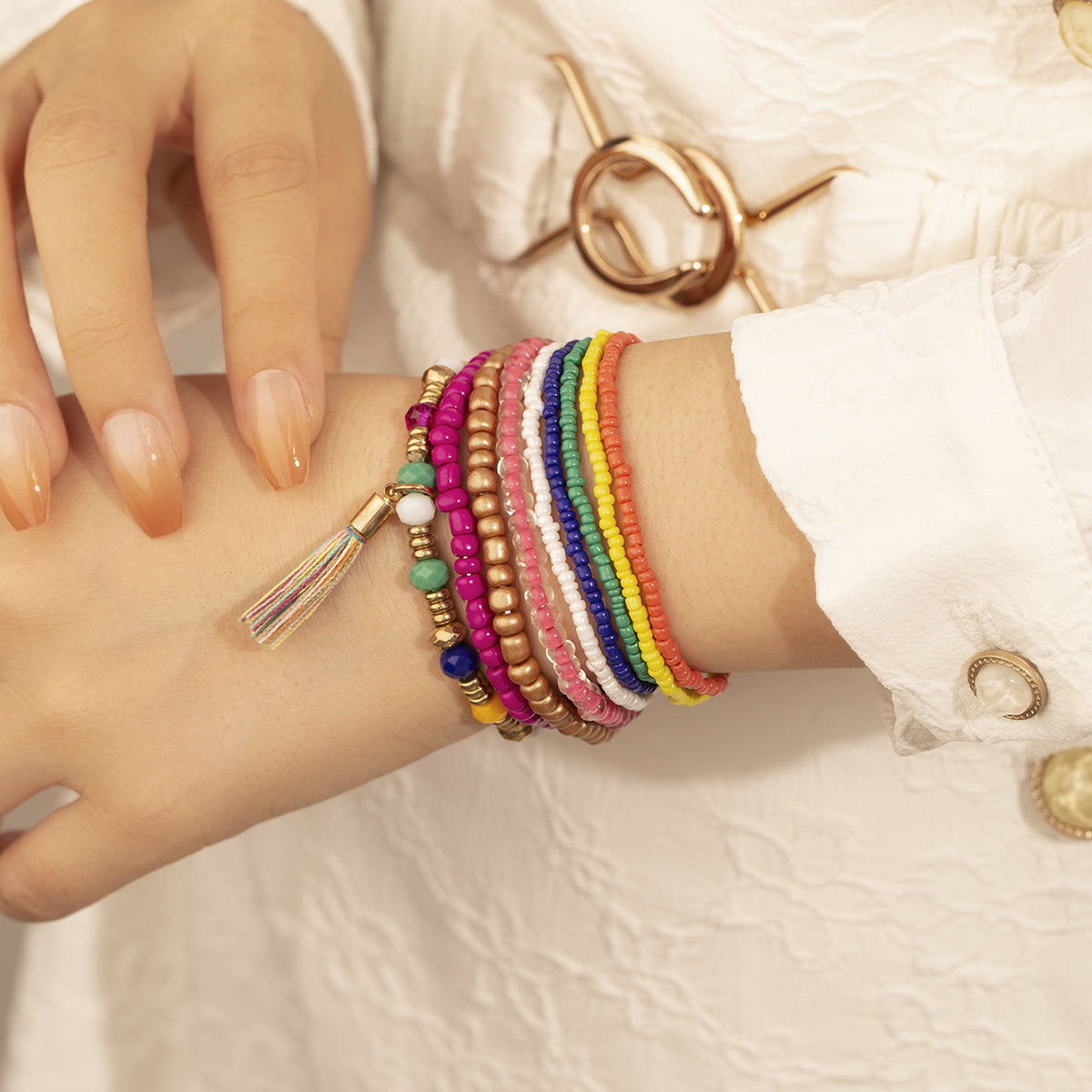 Conjunto de pulseras de borlas con cuentas hechas a mano de estilo bohemio