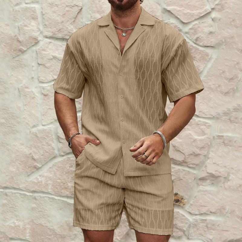Conjunto de camisa y pantalones cortos de manga corta con solapa y estilo vacacional para hombre