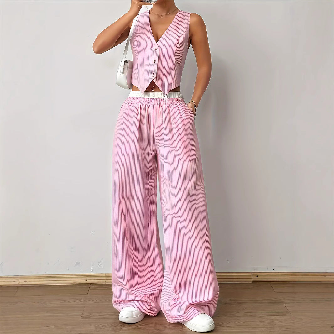 Conjunto de dos piezas con estampado de rayas para mujer, sin mangas, cuello en V y pierna ancha