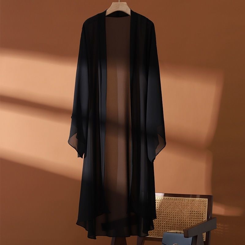 Manteau décontracté à manches longues en mousseline de soie de couleur unie pour femme