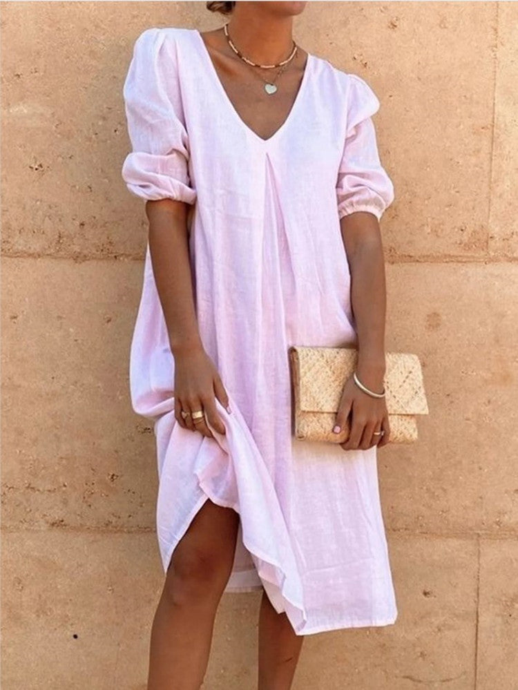 Women Casual Long Sleeve Cotton Linen Dress