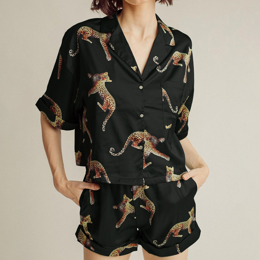 Women Fashion Comfortable Ice Silk Leopard Print Pajamas Set