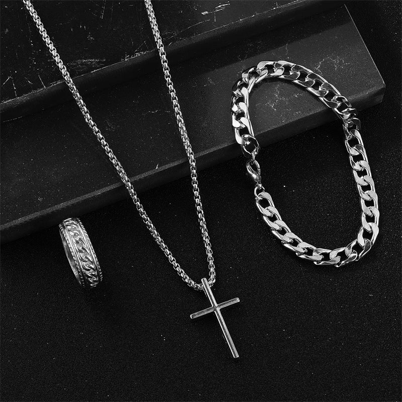Conjunto de collar, pulsera y anillo con cruz de hip hop de moda
