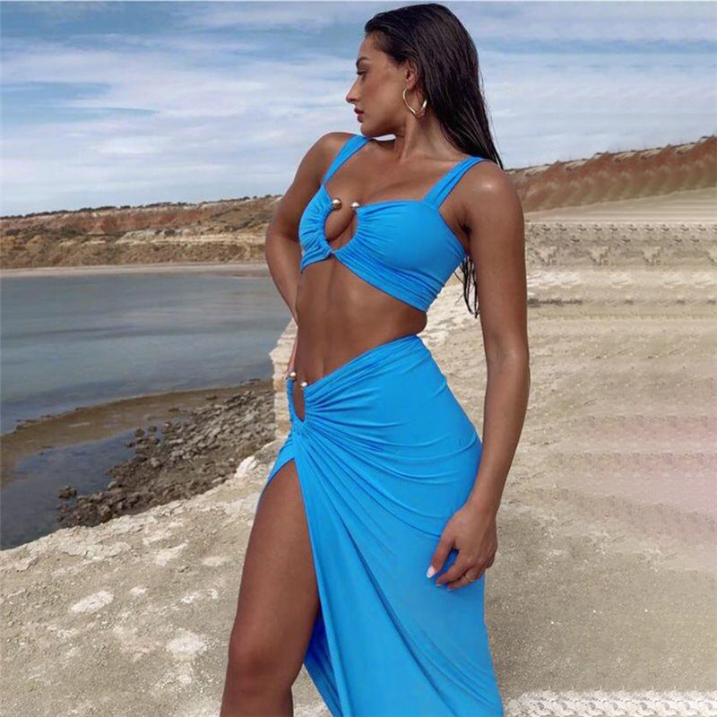 Women Sexy Crop Top Side-Slit Skirt Set