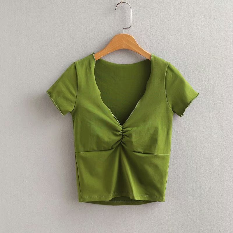 Summer Women Fashion Sexy V-Neck Solid Color Blank T-Shirt