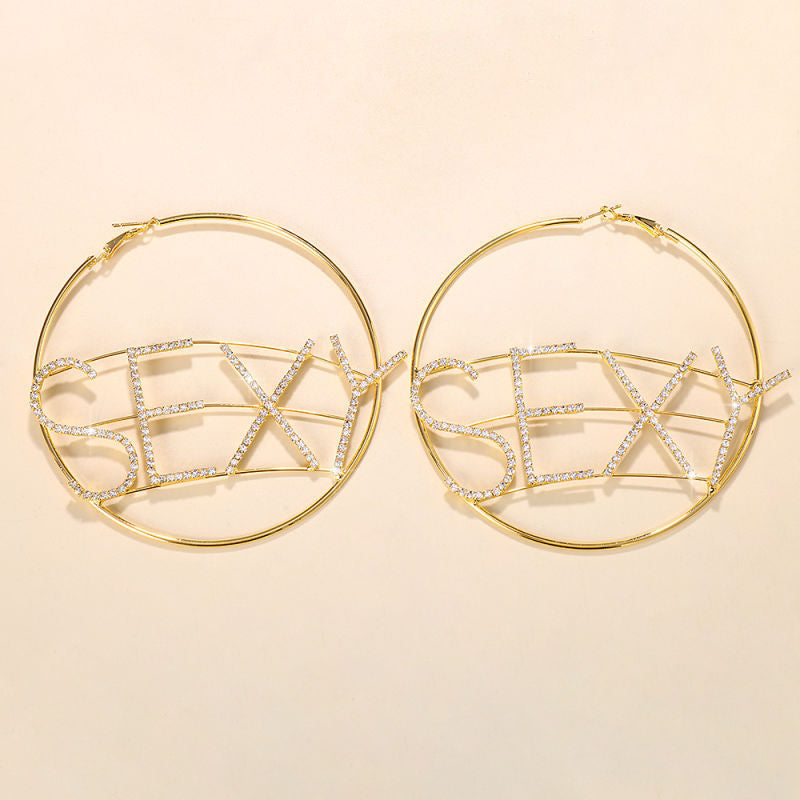 Women Fashion Geometric Letter Zircon Large Circle Earrings