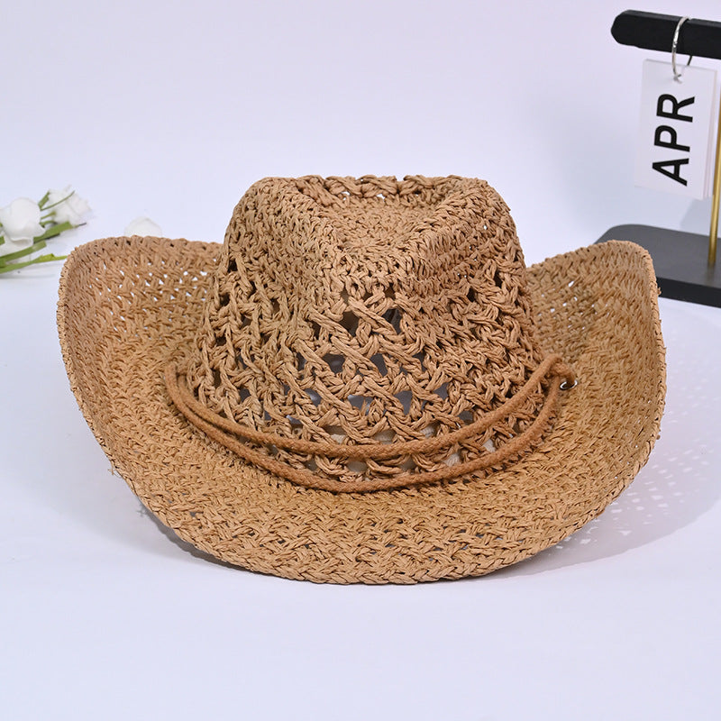 Sombrero de paja tejido a mano estilo occidental, informal, para mujer