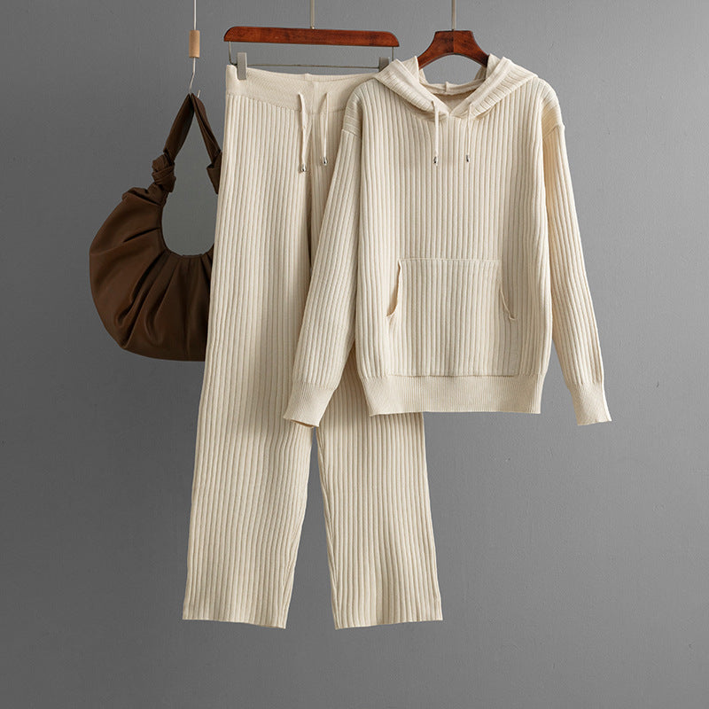 Ensemble sweat à capuche et pantalon en coton tricoté pour femme