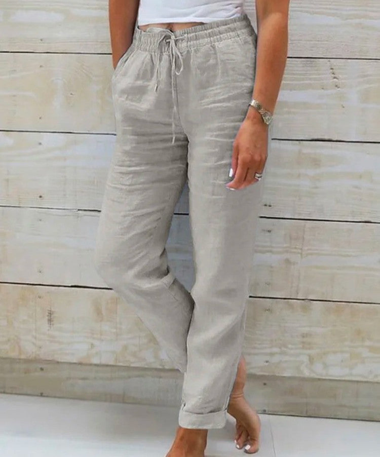 Women Casual Solid Color Cotton And Linen High-Waist Lace-Up Pants