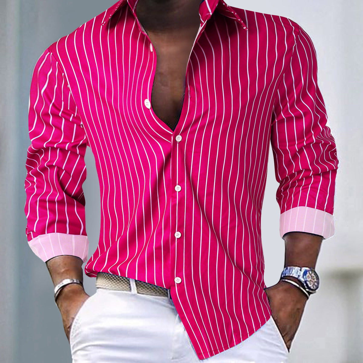 Men's Casual Stripe Lapel Long Sleeve Shirt
