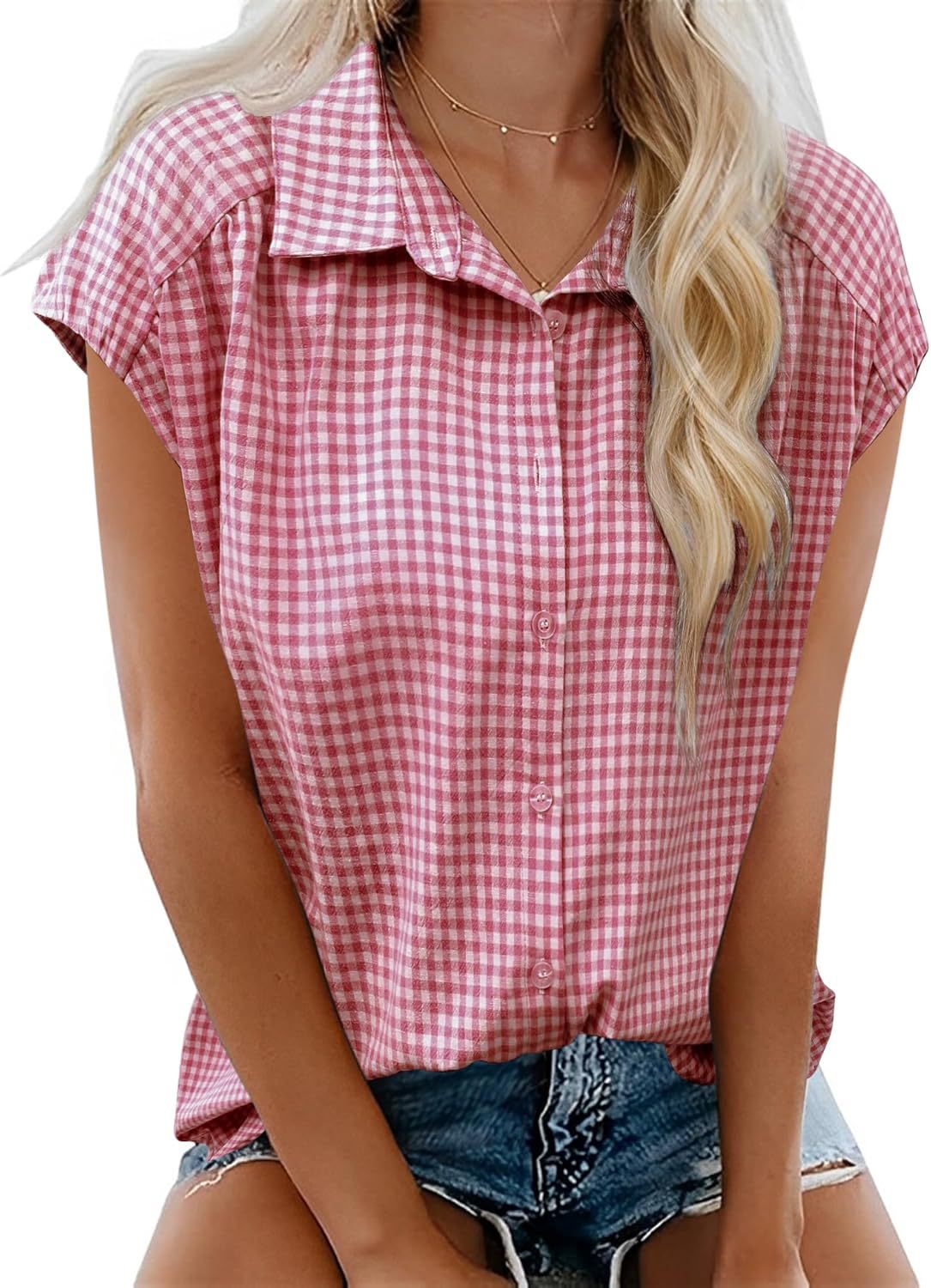 Blusa informal de manga corta a cuadros para mujer, con solapa, material: algodón y poliéster.