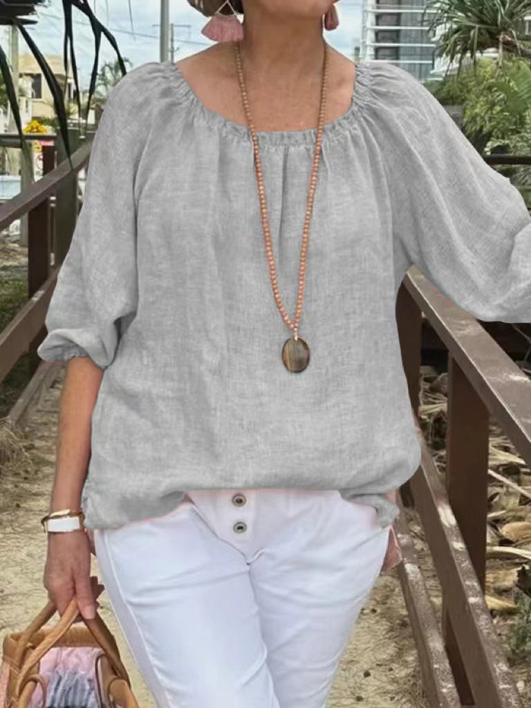 Top informal de lino y algodón con cuello redondo de color liso para mujer