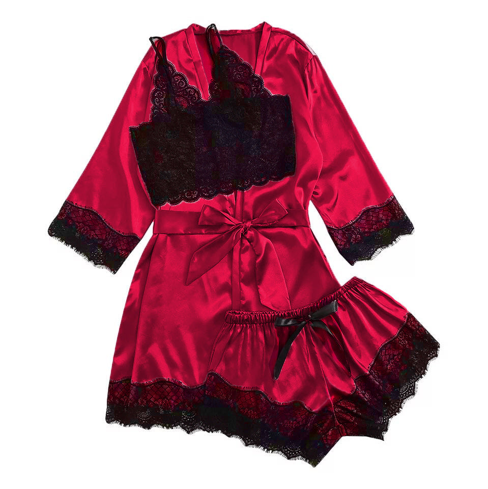 Women Elegant Sexy Lace Satin Pajamas Set