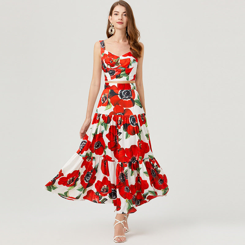 Women Summer Vacation Floral Print Crop Tank Top Long Skirt Set