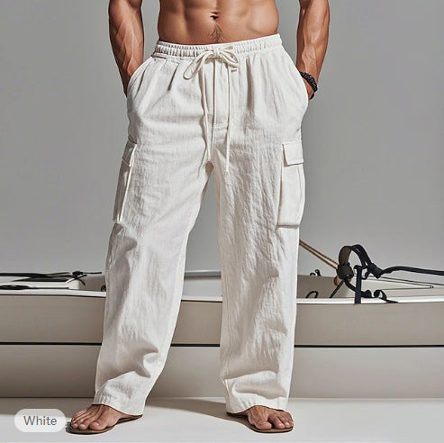 Men Casual Cotton Linen Multi-Pocket Pants