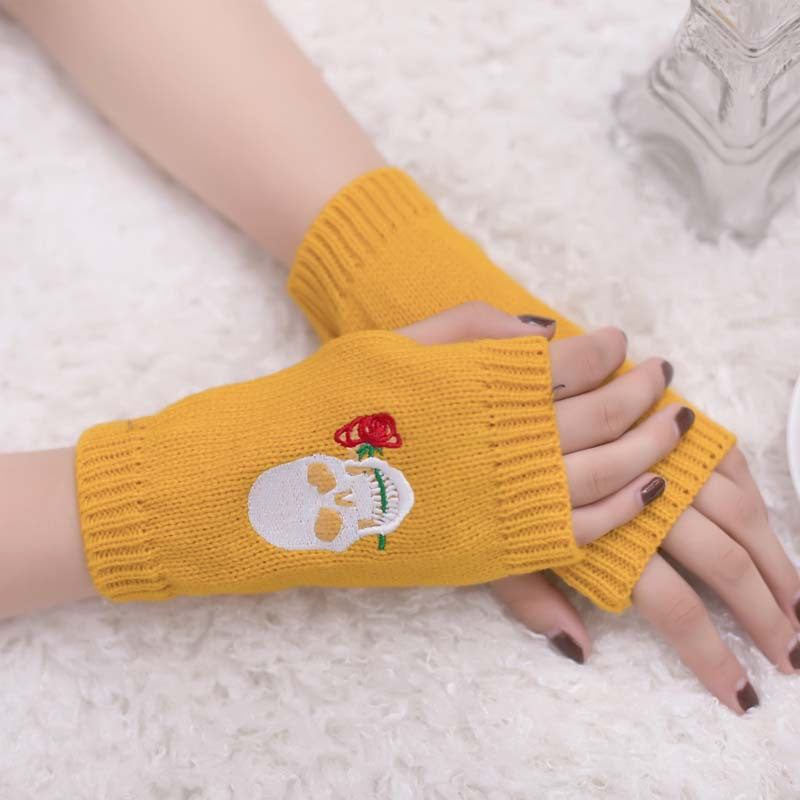 Halloween Autumn Winter Wool Embroidered Skull Gloves