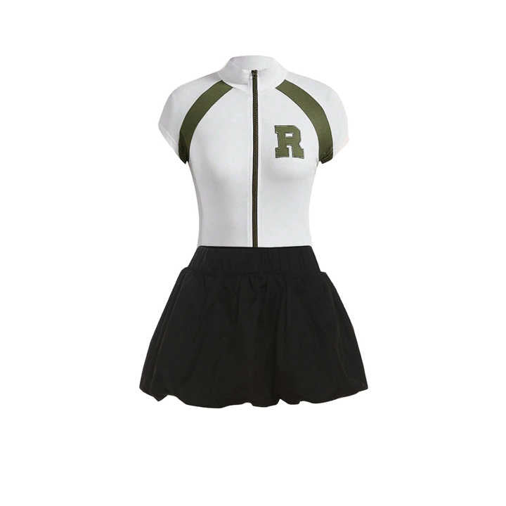 Women Casual Short Sleeve Zipper T-Shirt and Tutu Skirt Set