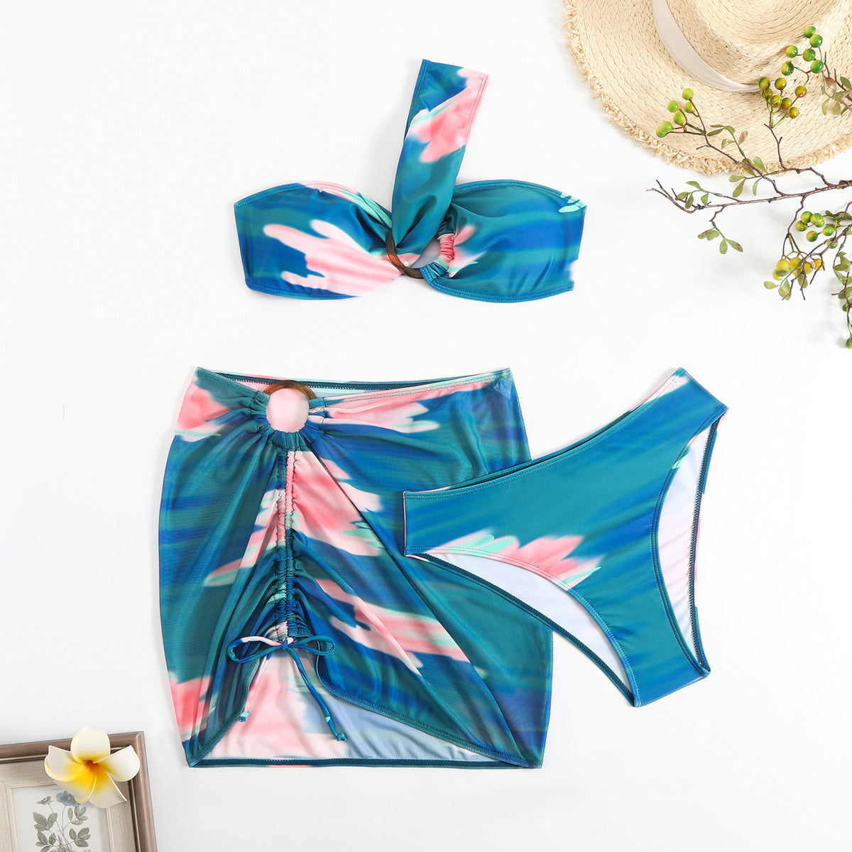 Traje de baño sexy de tres piezas con estampado tie-dye para mujer