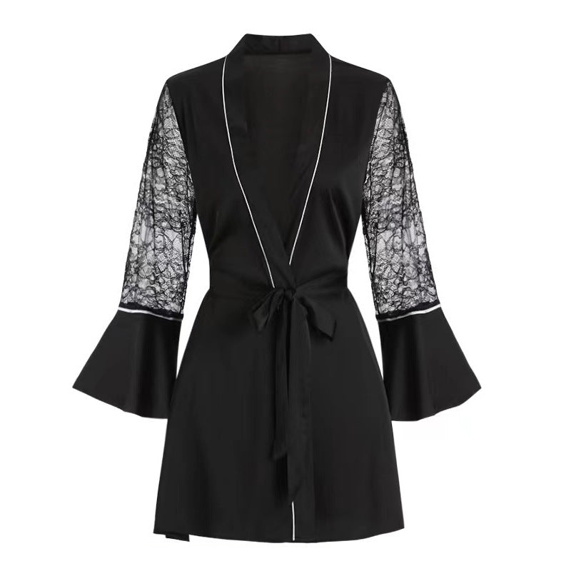 Elegant Lace Splicing V-Neck Long-Sleeve Dress Pajamas
