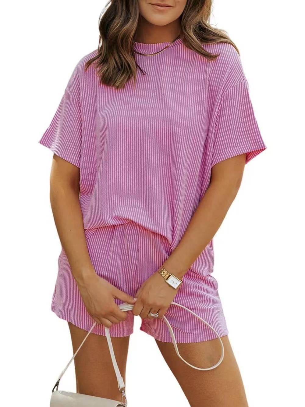 Conjunto de camiseta informal de rayas de color liso para mujer