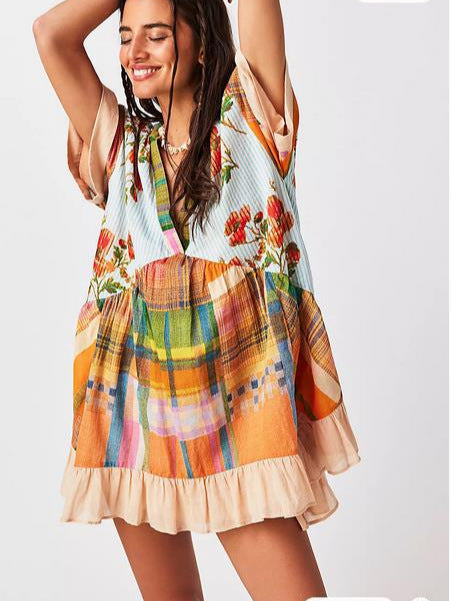 Women Fashion Casual Boho Multicolor Printed Stripe V-Neck Dress